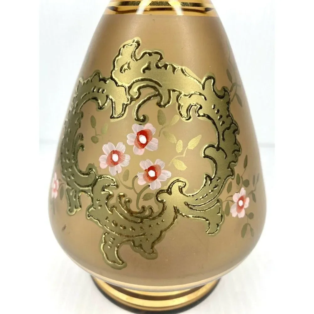 Beautifully Hand Painted Pink Floral Frosted Bohemian Wine Decanter Gold Trim